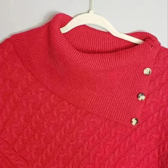 Talbots Cable Knit Poncho Sweater Red Button Down Split Neckline Cotton NWT - Picture 3 of 15